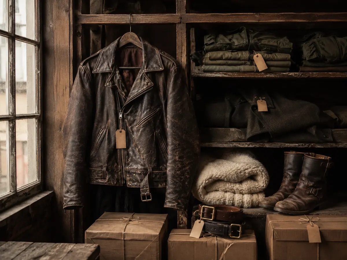 Used leather jacket, boots and military garments in an old timber stockroom